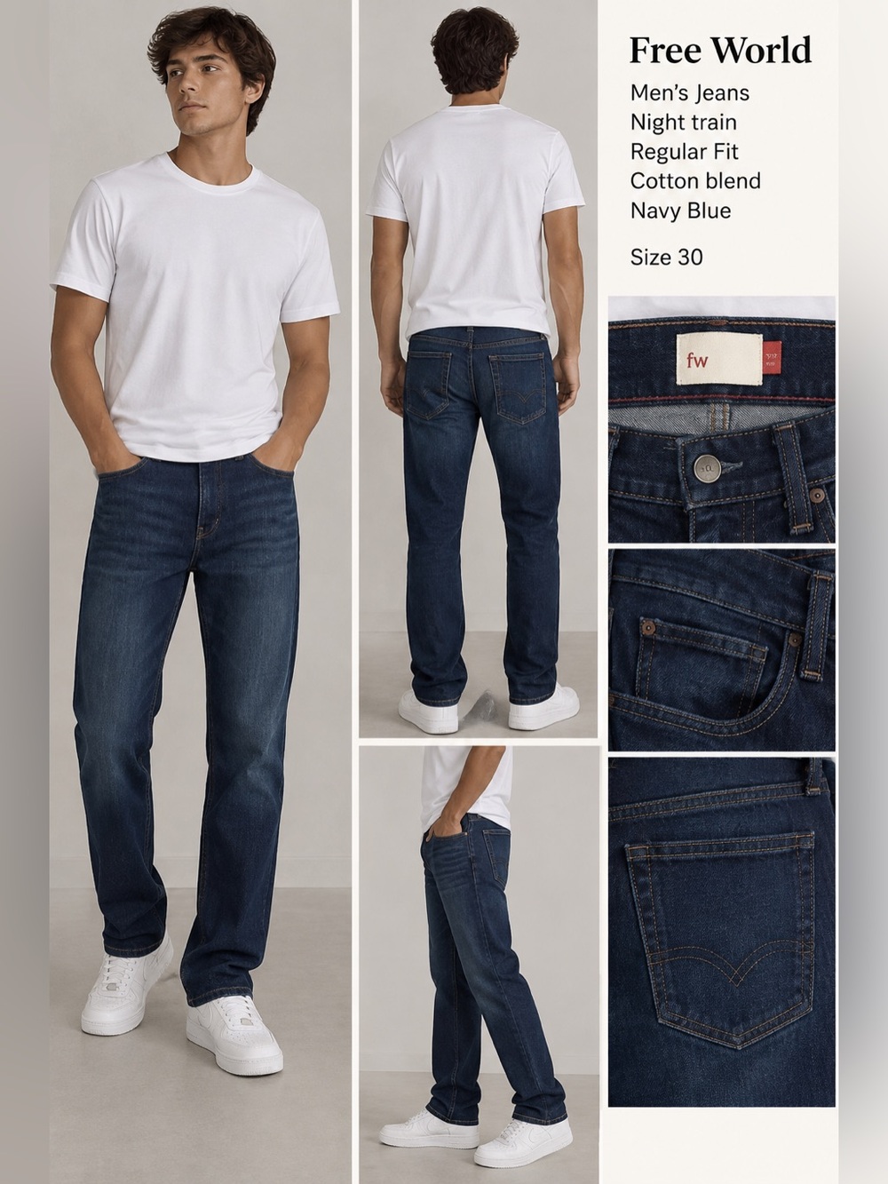 Free world jeans Mens size 30 Night train Regular Fit Cotton blend‎ Navy Blue